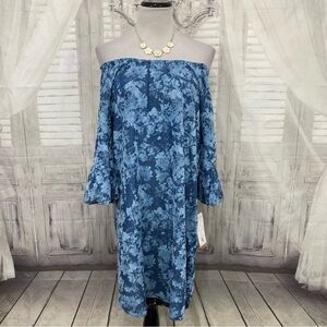 Ruby Rd Size PM Petite Medium Blue Shift Dress Floral 3/4 Sleeve Off Shoulder